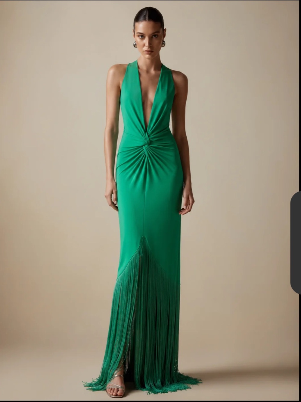 Green Plunge Halter Fringe Evening Gown